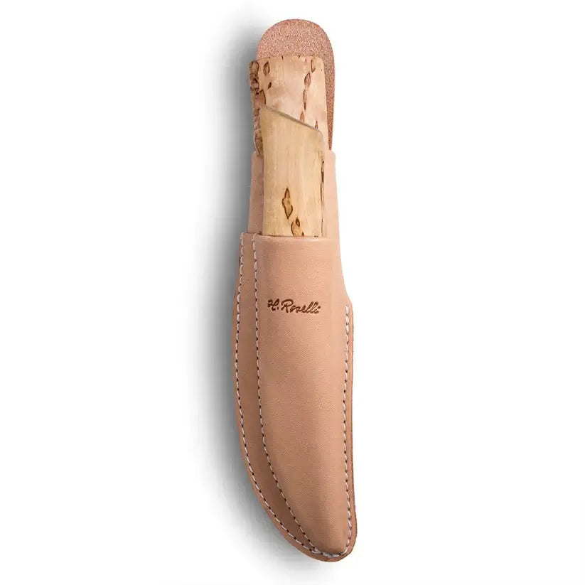 Roselli R171 Hunter / Opening Knife Combo in a leather sheath, showcasing Finnish craftsmanship and outdoor functionality.