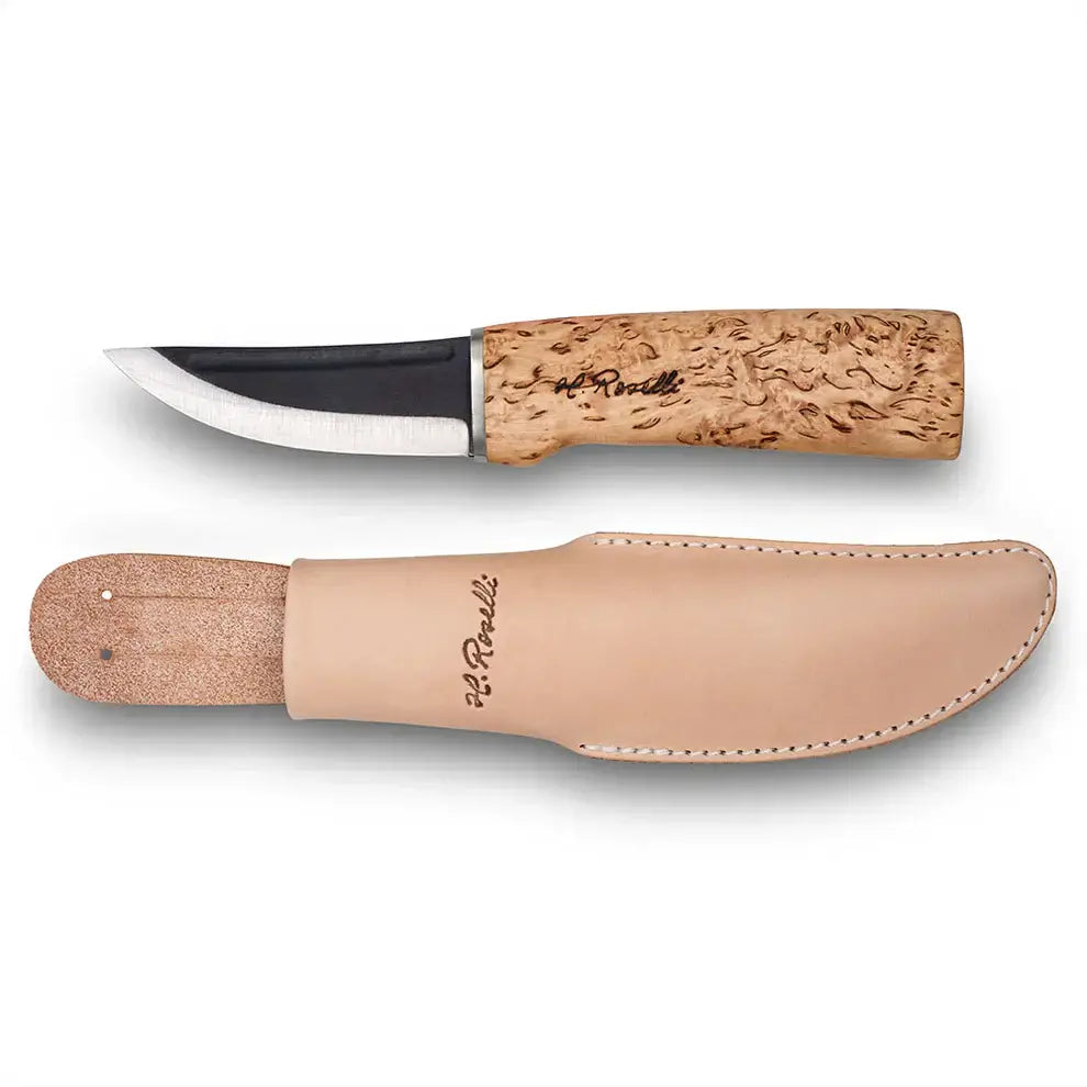 Roselli Hunter R100 knife with curly birch handle and leather sheath, showcasing handmade craftsmanship.