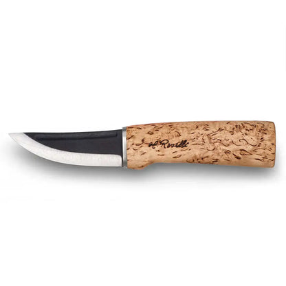 Roselli Hunter R100 handcrafted Finnish hunting knife with curly birch handle and forged carbon steel blade.