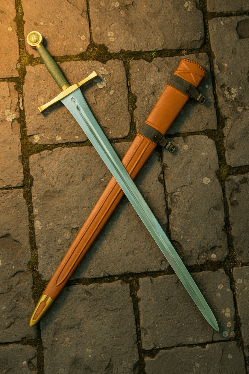 Excalibur Sword with sheath on a reflective surface