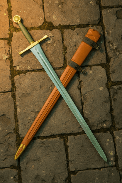 Excalibur Sword with sheath on a reflective surface