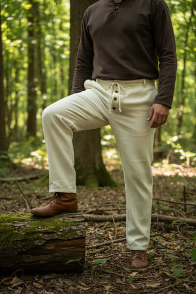 Person wearing natural white pants and a black shirt in an outdoor setting.