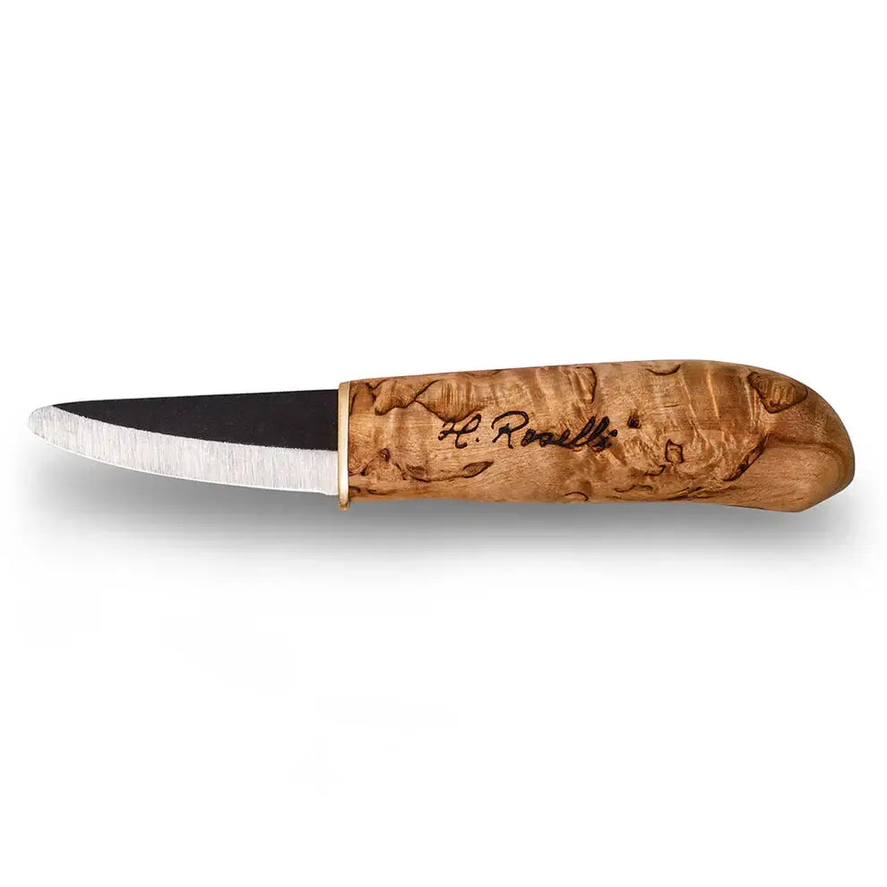 Roselli R140 The Little Carpenter knife with curly birch handle and forged carbon steel blade.