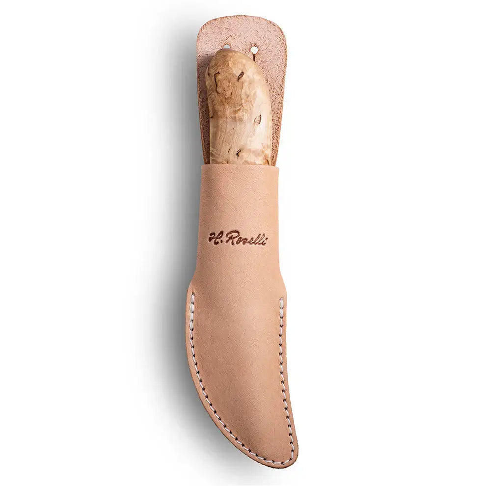 Roselli R140 The Little Carpenter knife in leather sheath, showcasing the curved birch handle.