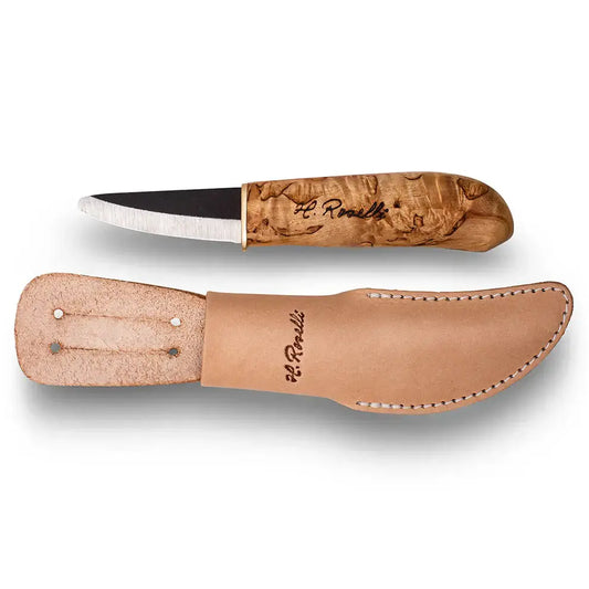 Roselli R140 The Little Carpenter knife with a curly birch handle and leather sheath.