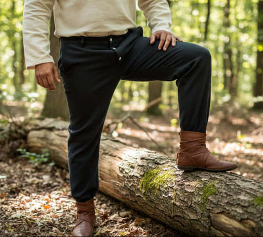 Person wearing black medieval pants with buttons on a outside background