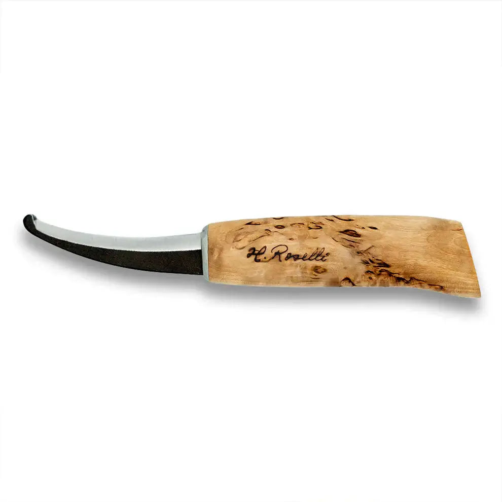 Roselli R161 Opening Knife with Blunt Tip featuring a unique curved blade and wooden handle design.