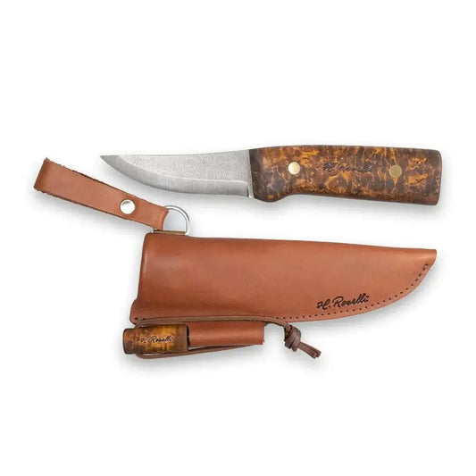 Roselli Hunter Full Tang R100FD Dark Stained Handle with FireSteel, Finnish handmade hunting knife and leather sheath.