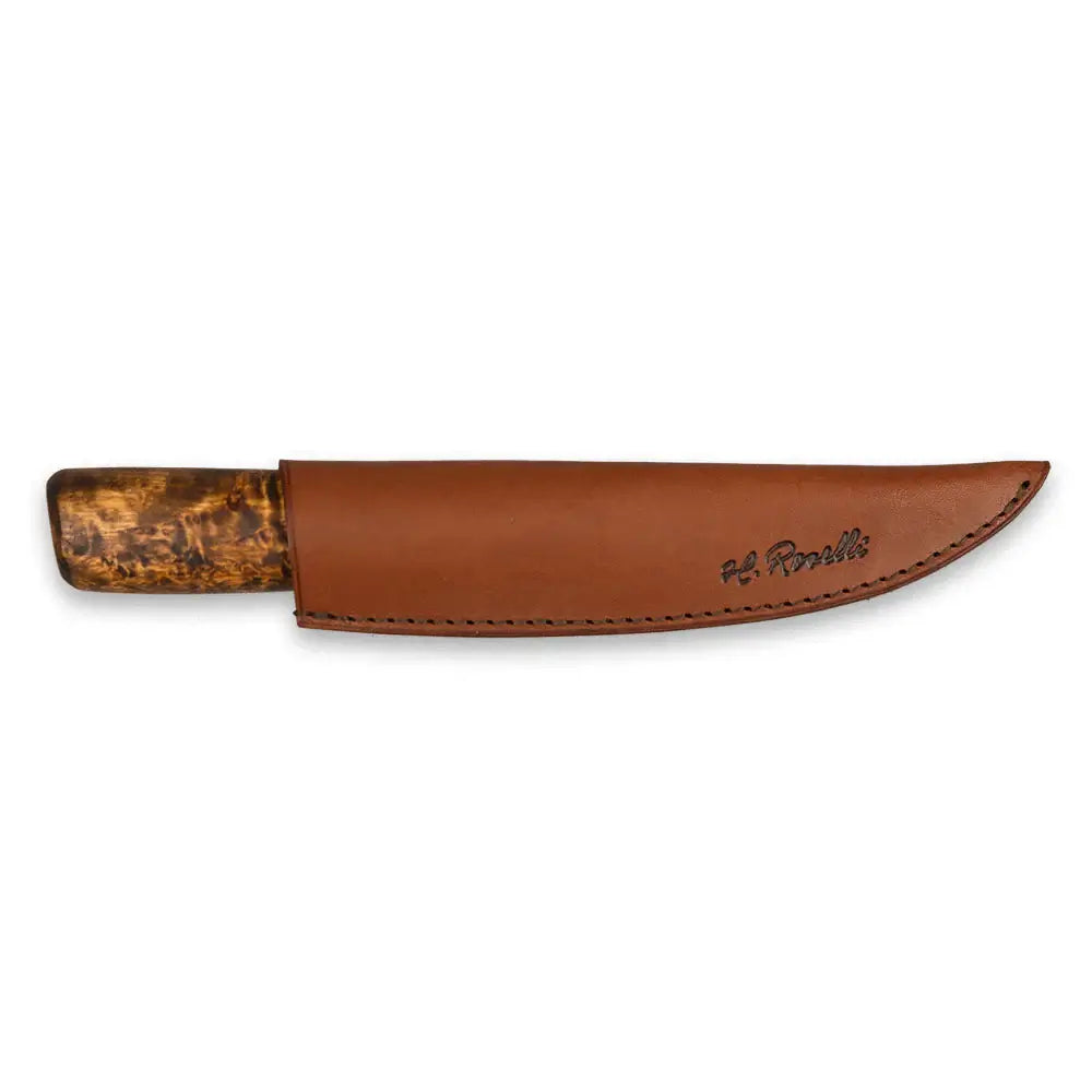 Roselli R112 The Carving Knife - Stained Curly Birch in a leather sheath, showcasing craftsmanship and design.