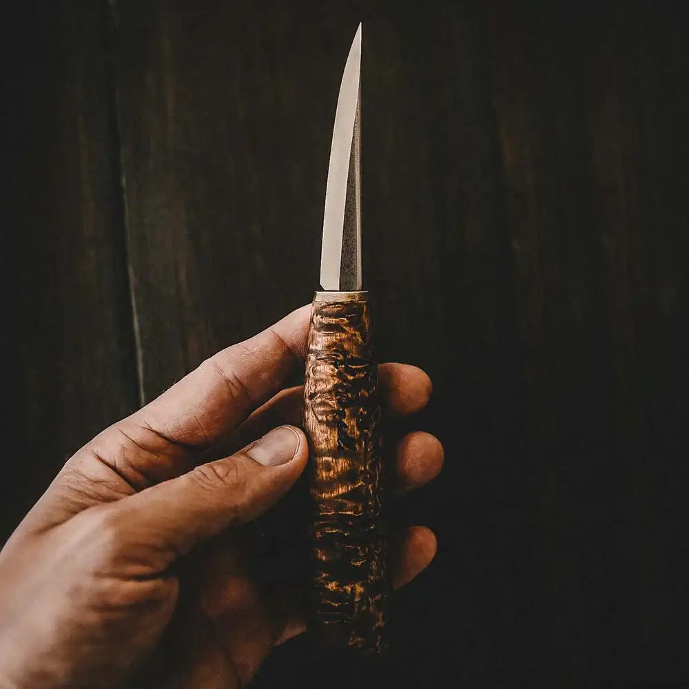 Roselli R112 The Carving Knife - Stained Curly Birch held in hand, showcasing its elegant design and sharp blade.
