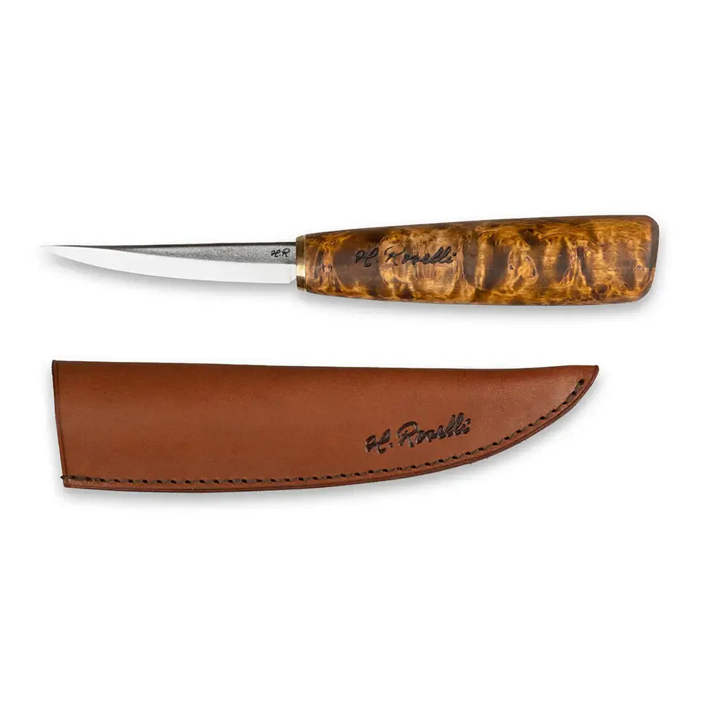 Roselli R112 The Carving Knife - Stained Curly Birch with leather sheath and curved blade.