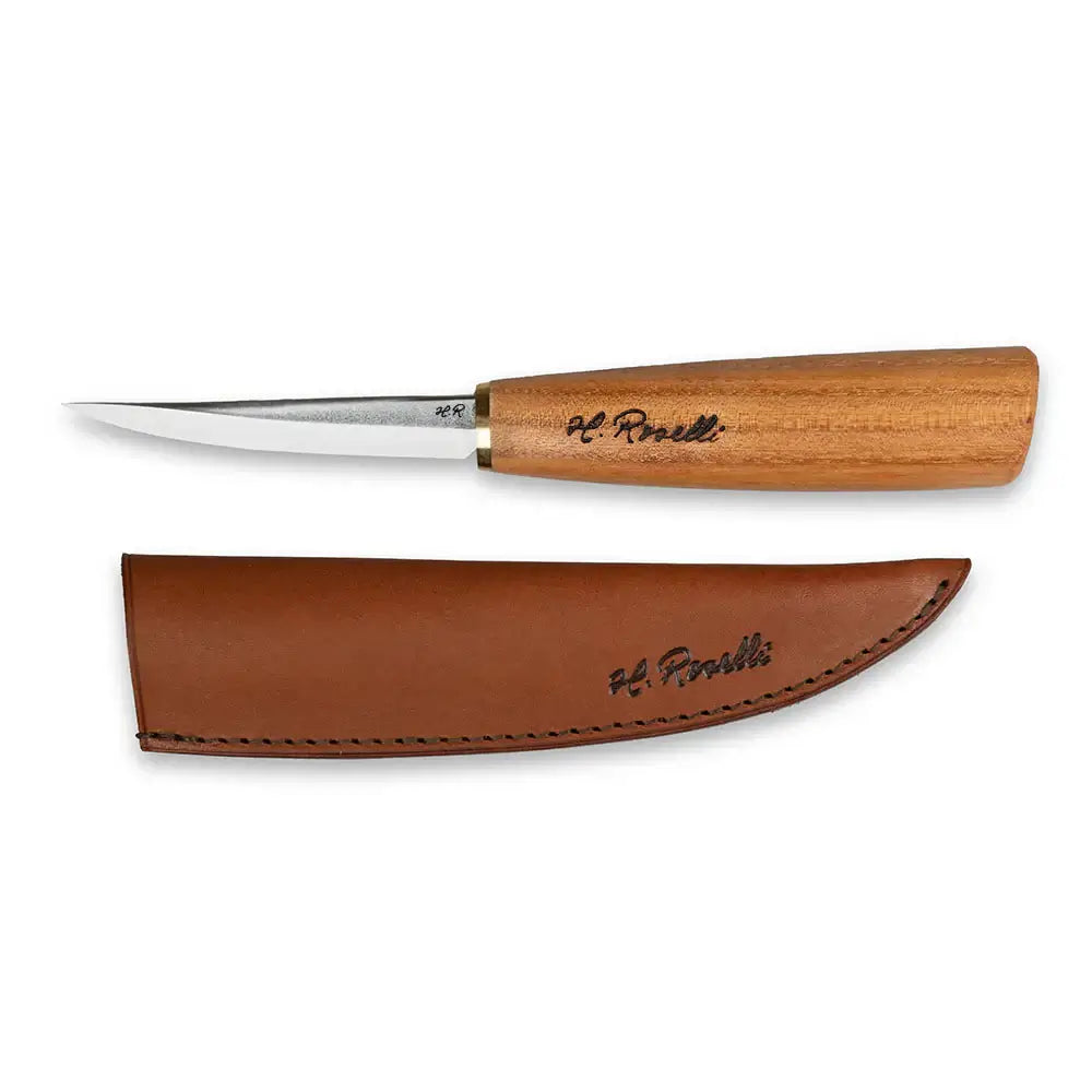 Roselli R112D The Carving Knife - Red Elm with a leather sheath, showcasing craftsmanship and precision design.