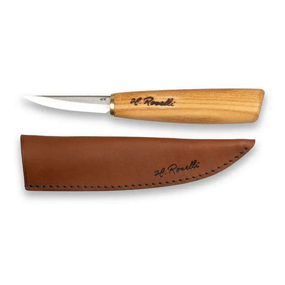 Roselli R113D The Carving Knife (Short Blade)- Red Elm with leather sheath, featuring compact blade for detailed work.