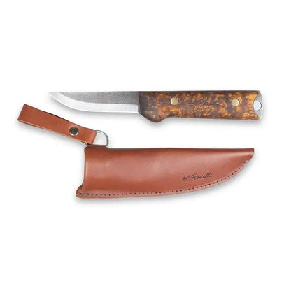 Roselli R40 Heimo 4" Bushcraft Hunting Edition knife with curly birch handle and leather sheath.