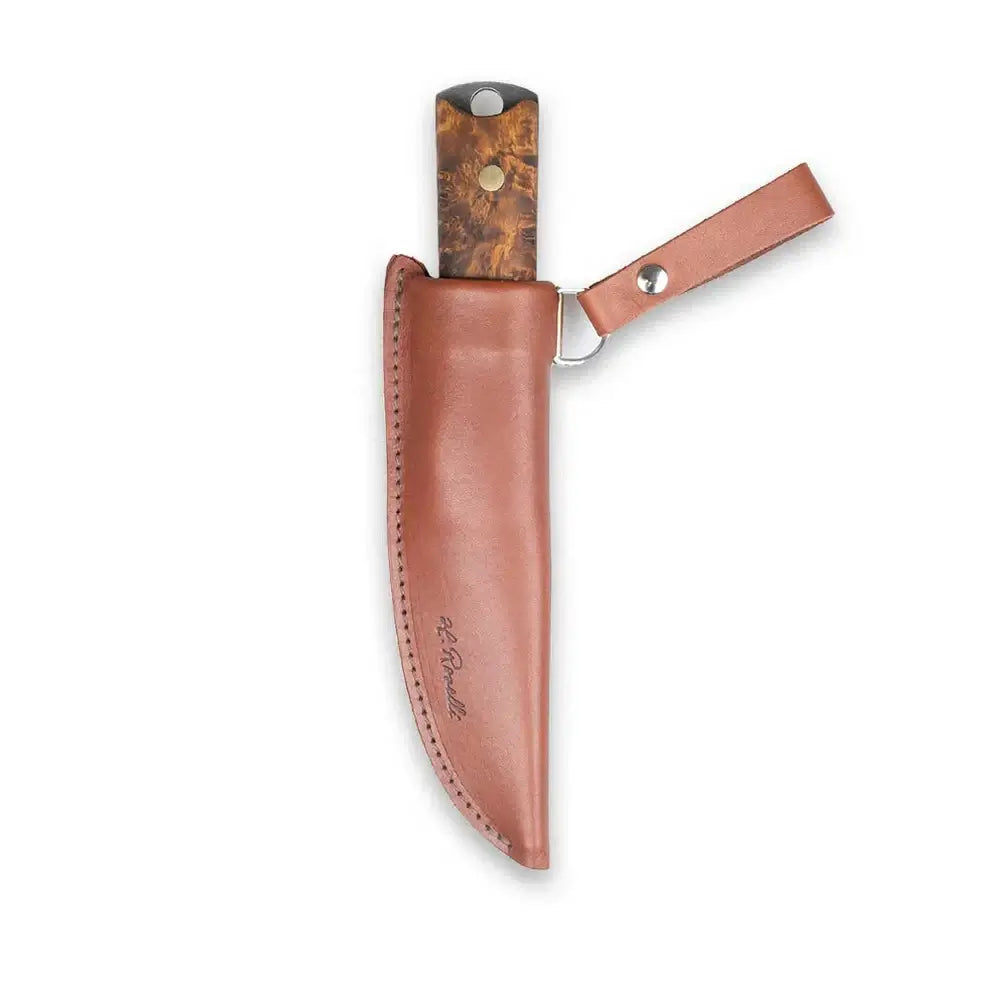 Roselli R40 Heimo 4" Bushcraft Hunting Edition knife in handmade leather sheath.