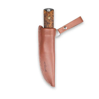 Roselli R40 Heimo 4" Bushcraft Hunting Edition knife in handmade leather sheath.