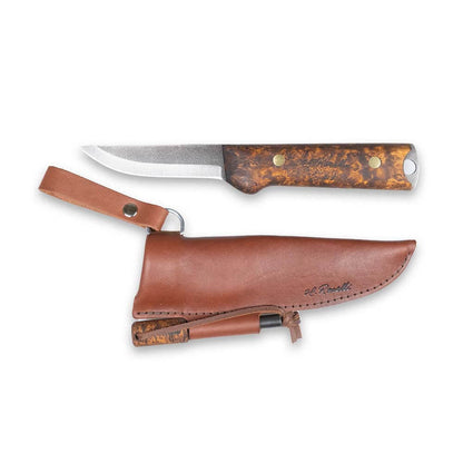 Roselli R42 Heimo 4" Bushcraft Edition with Firesteel displayed in a brown leather sheath.