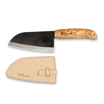 Roselli R700 The Small Chef Knife with curly birch handle and handmade leather sheath.