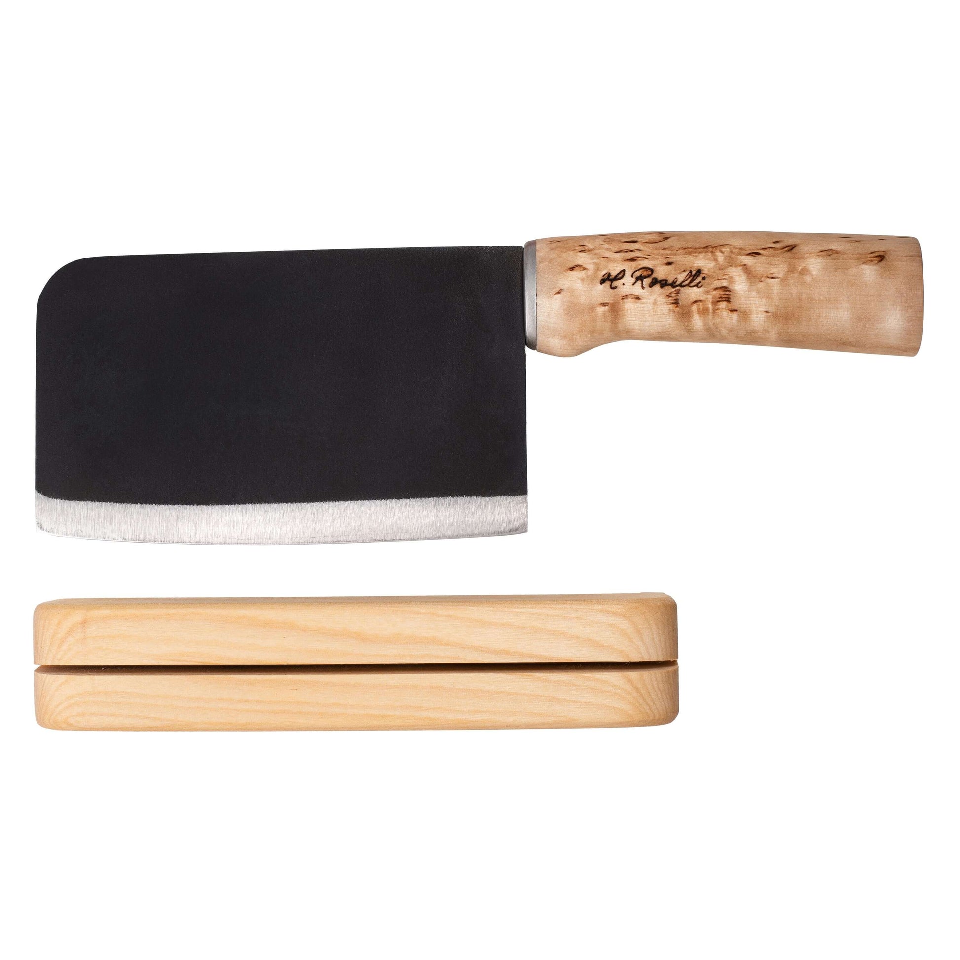 Roselli R730 Chinese Chef Knife with forged carbon steel blade and curly birch handle on a birch knife rack.