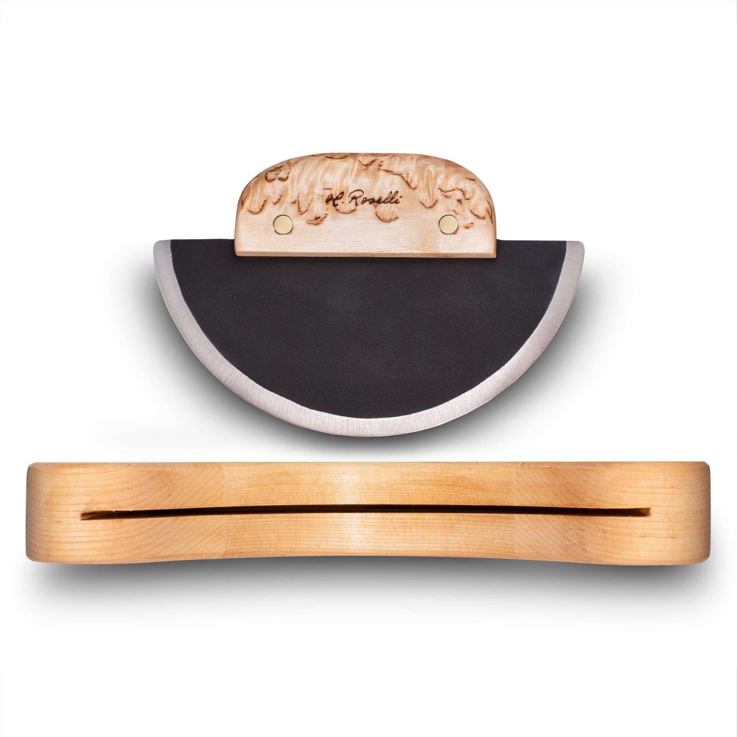 Roselli R740 The Ulu Knife resting on its birch rack with a sharp black blade and wooden handle.