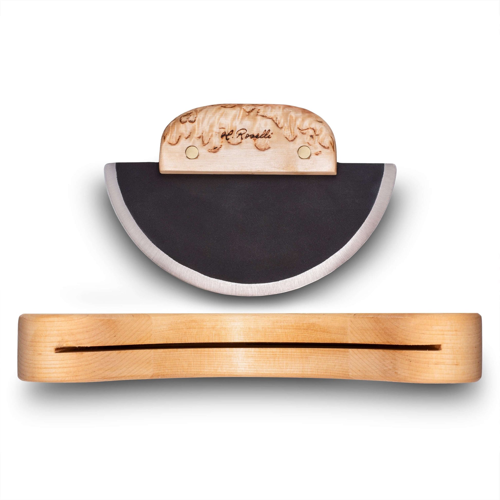 Roselli R740 The Ulu Knife resting on its birch rack with a sharp black blade and wooden handle.
