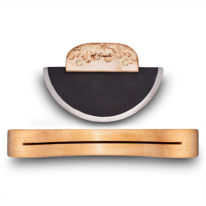 Roselli R740 The Ulu Knife resting on its birch rack with a sharp black blade and wooden handle.