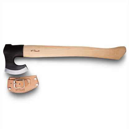 Roselli R850 The Axe, Long Handle displayed with a leather sheath, showcasing its sturdy design and professional craftsmanship.
