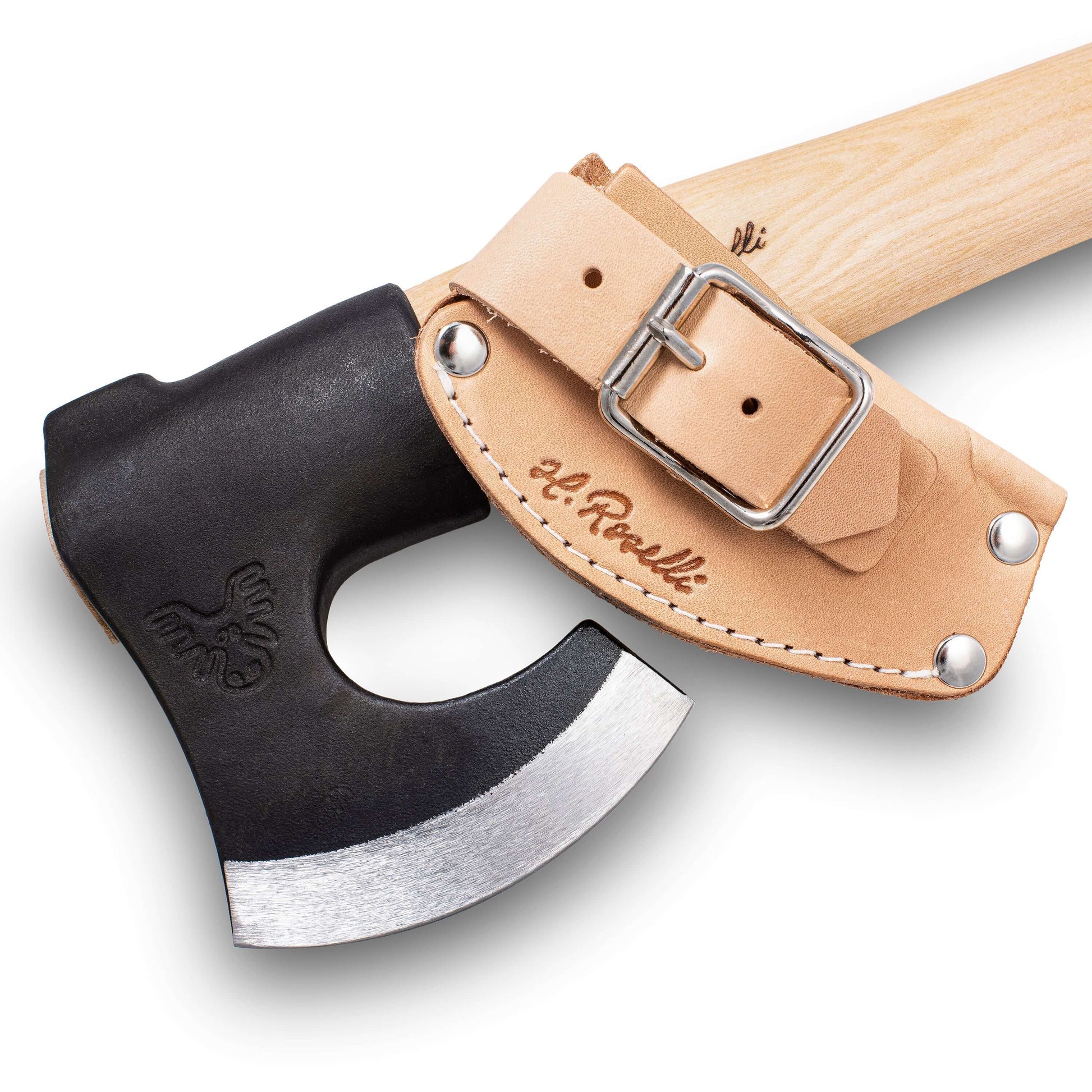 Roselli R850 The Axe, Long Handle with leather sheath and wooden handle, showcasing the unique wedge blade design.