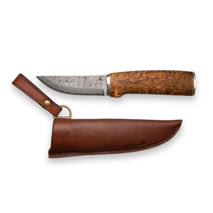 Roselli RD 300P The Hunting Knife, Damascus Blade with leather sheath and textured handle.