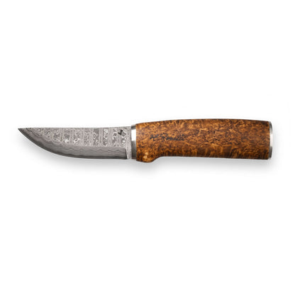 Roselli RD 300P The Hunting Knife, Damascus Blade with a beautiful wood handle and intricate blade design.