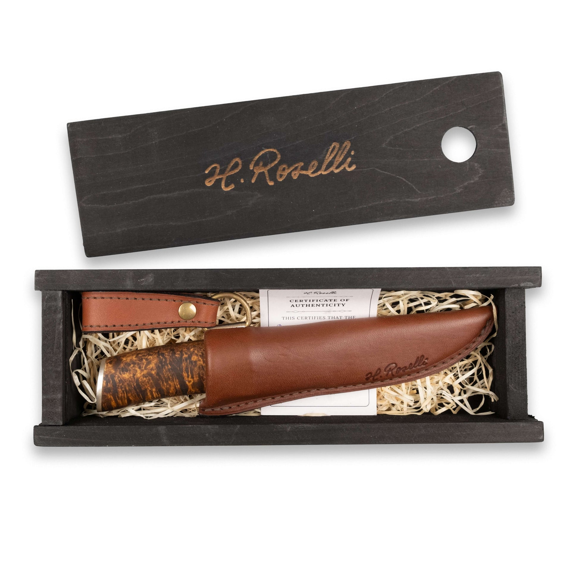 Roselli RD 310P The Carpenter Knife, Damascus in elegant wooden box with leather sheath and care instructions.