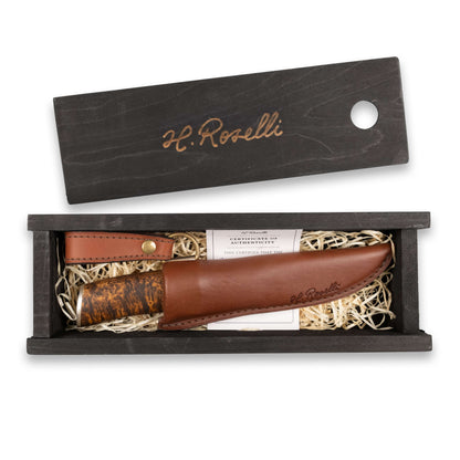 Roselli RD 310P The Carpenter Knife, Damascus in elegant wooden box with leather sheath and care instructions.