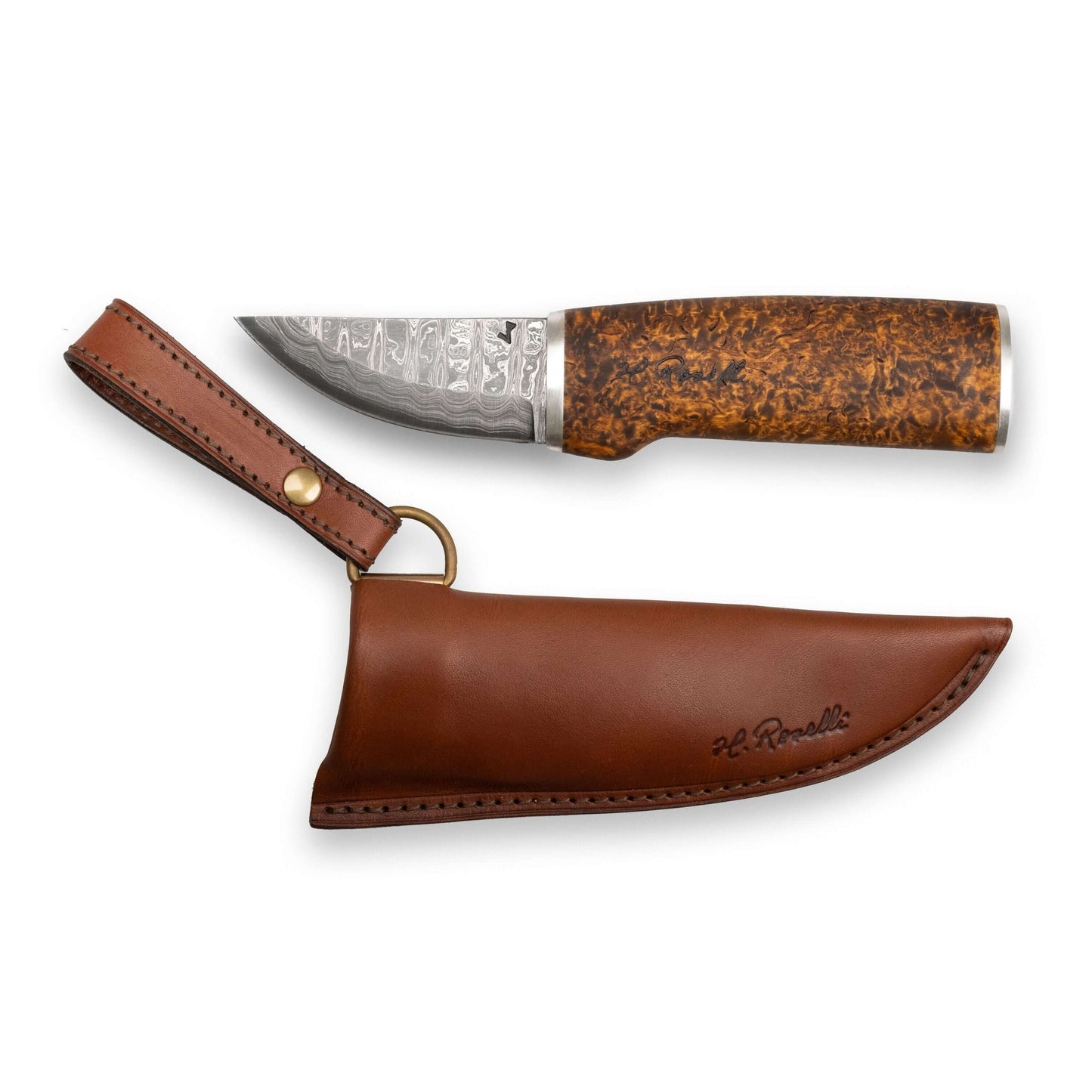 Roselli RD 320P The Grandfather Knife, Damascus with a brown leather sheath.