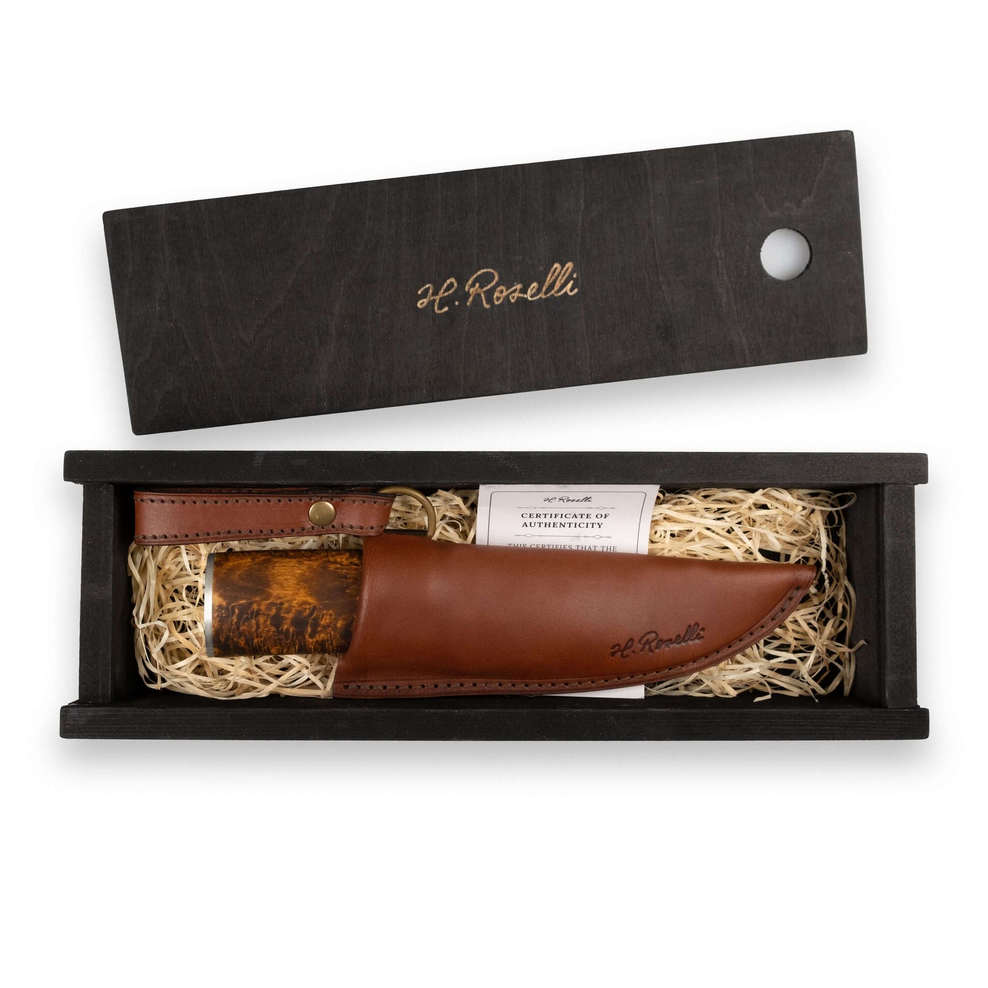 Roselli RD 320P The Grandfather Knife, Damascus in a wooden box with leather sheath and certificate of authenticity.