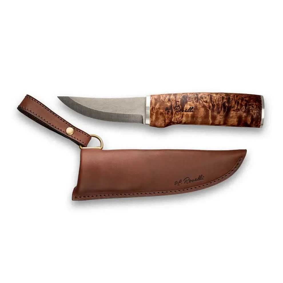 Roselli Hunter in UHC with Silver Mounts RW200S knife and leather sheath showcasing Finnish craftsmanship.