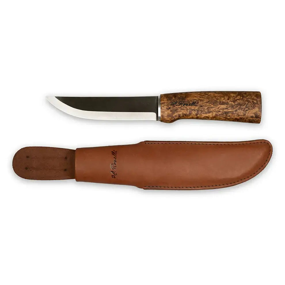 Roselli RW200L Hunter in UHC, Special Blade Length with curly birch handle and leather sheath.