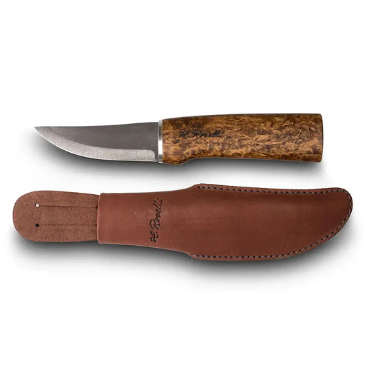 Roselli Hunter in UHC RW200 knife with a wooden handle and leather sheath.