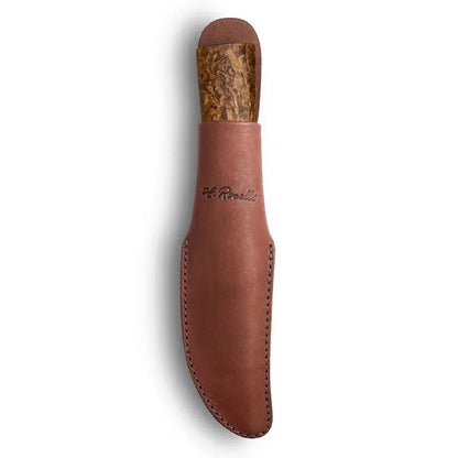 Roselli Hunter in UHC RW200 knife sheath with leather cover and wooden handle.