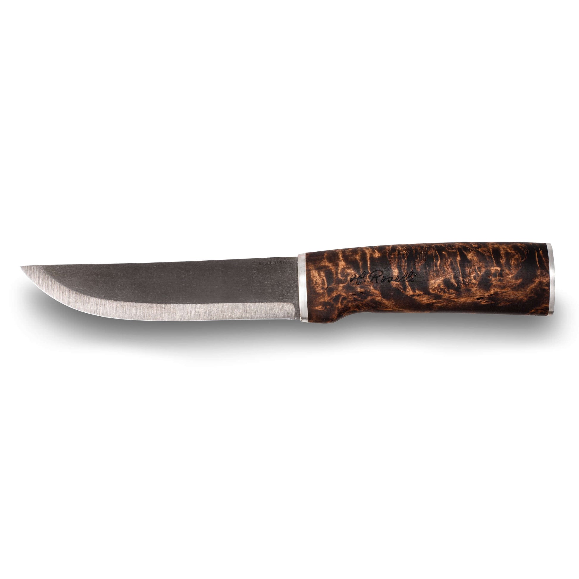 Roselli RW200LS Hunter in UHC with Silver mounts and longer blade, featuring a curly birch handle and carbon steel blade.