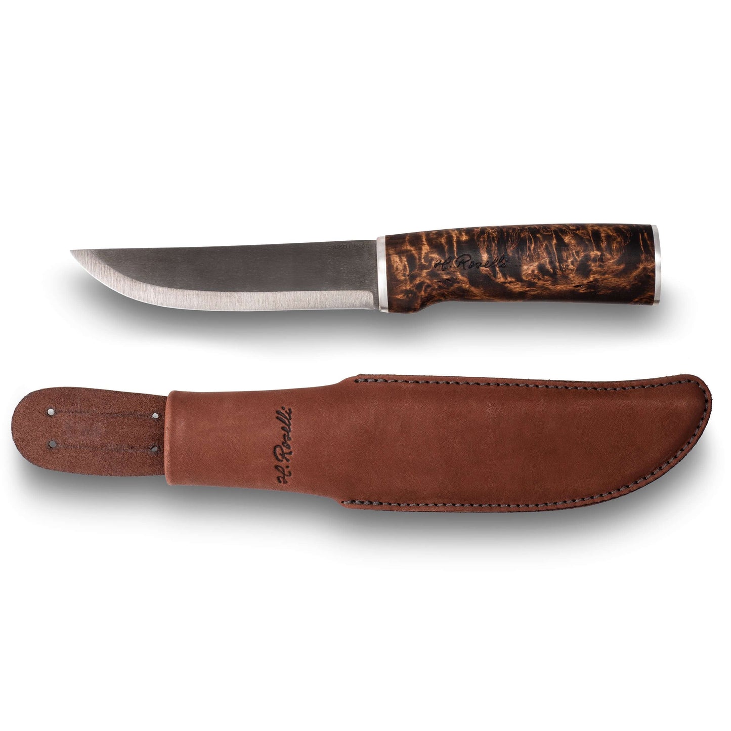 Roselli RW200LS Hunter in UHC with Silver mounts and longer blade, showcasing the knife and handmade leather sheath.