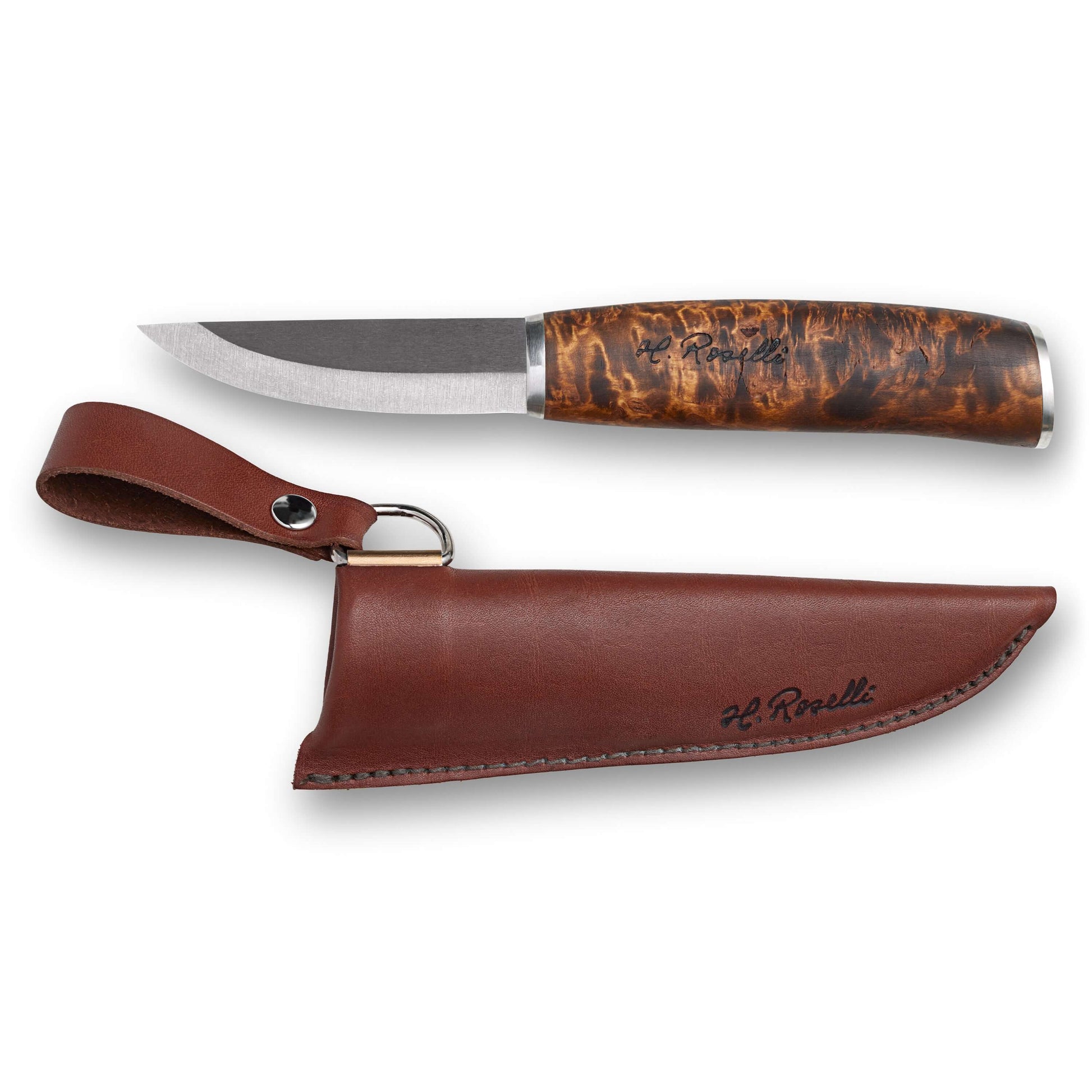 Roselli Carpenter in UHC With Silver Mounts RW210S knife and leather sheath displayed side by side.