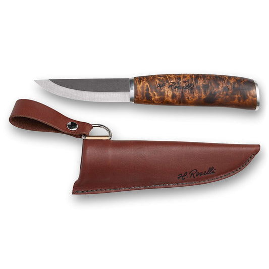 Roselli Carpenter in UHC With Silver Mounts RW210S knife and leather sheath displayed side by side.