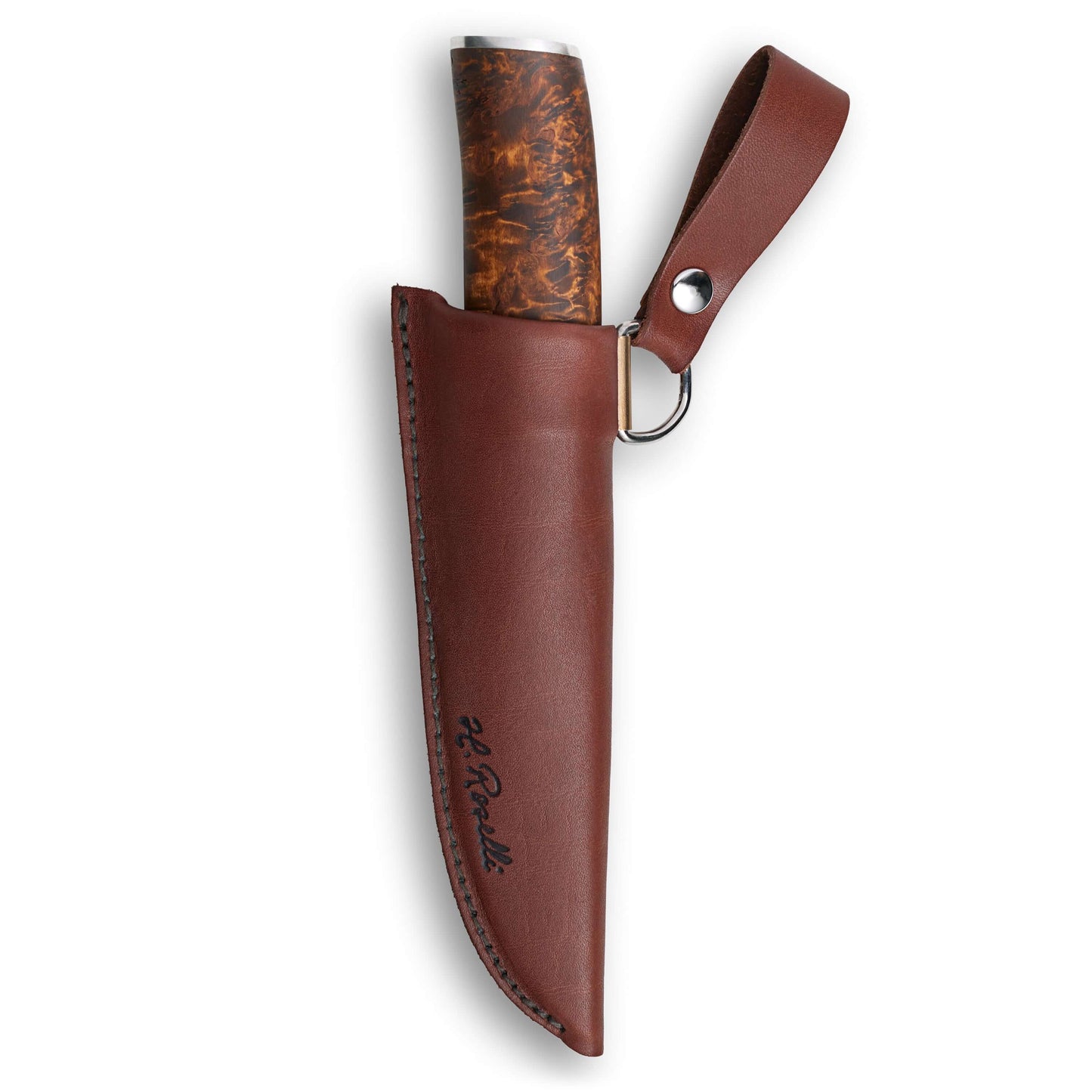 Roselli Carpenter in UHC With Silver Mounts RW210S knife sheath in brown leather with wooden handle.