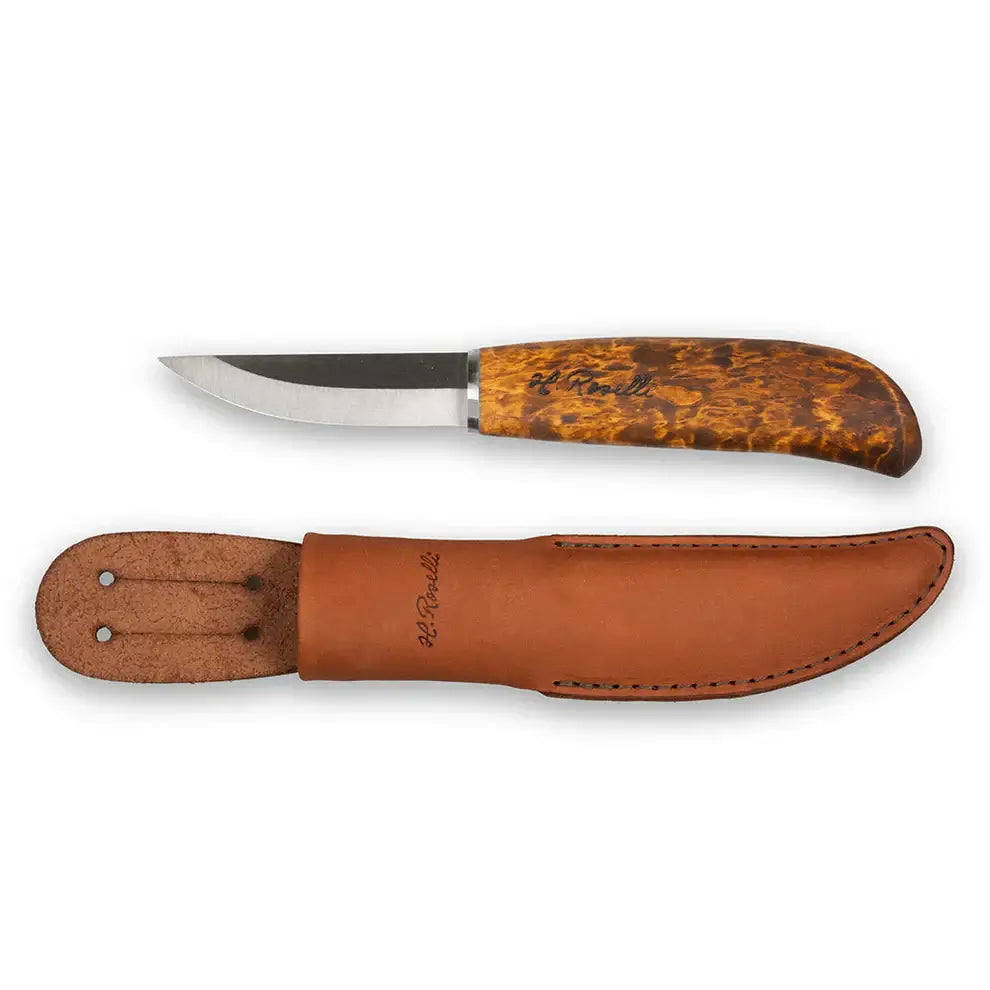 Roselli RW210 Carpenter's Knife, UHC Steel handmade in Finland with curly birch handle and leather sheath.