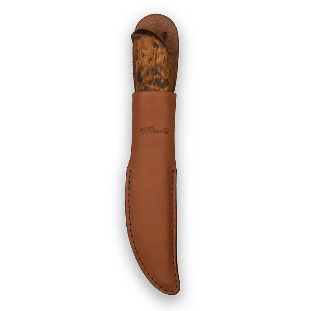 Roselli RW210 Carpenter's Knife, UHC Steel handmade in Finland with a dark leather sheath and curly birch handle.