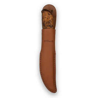 Roselli RW210 Carpenter's Knife, UHC Steel handmade in Finland with a dark leather sheath and curly birch handle.