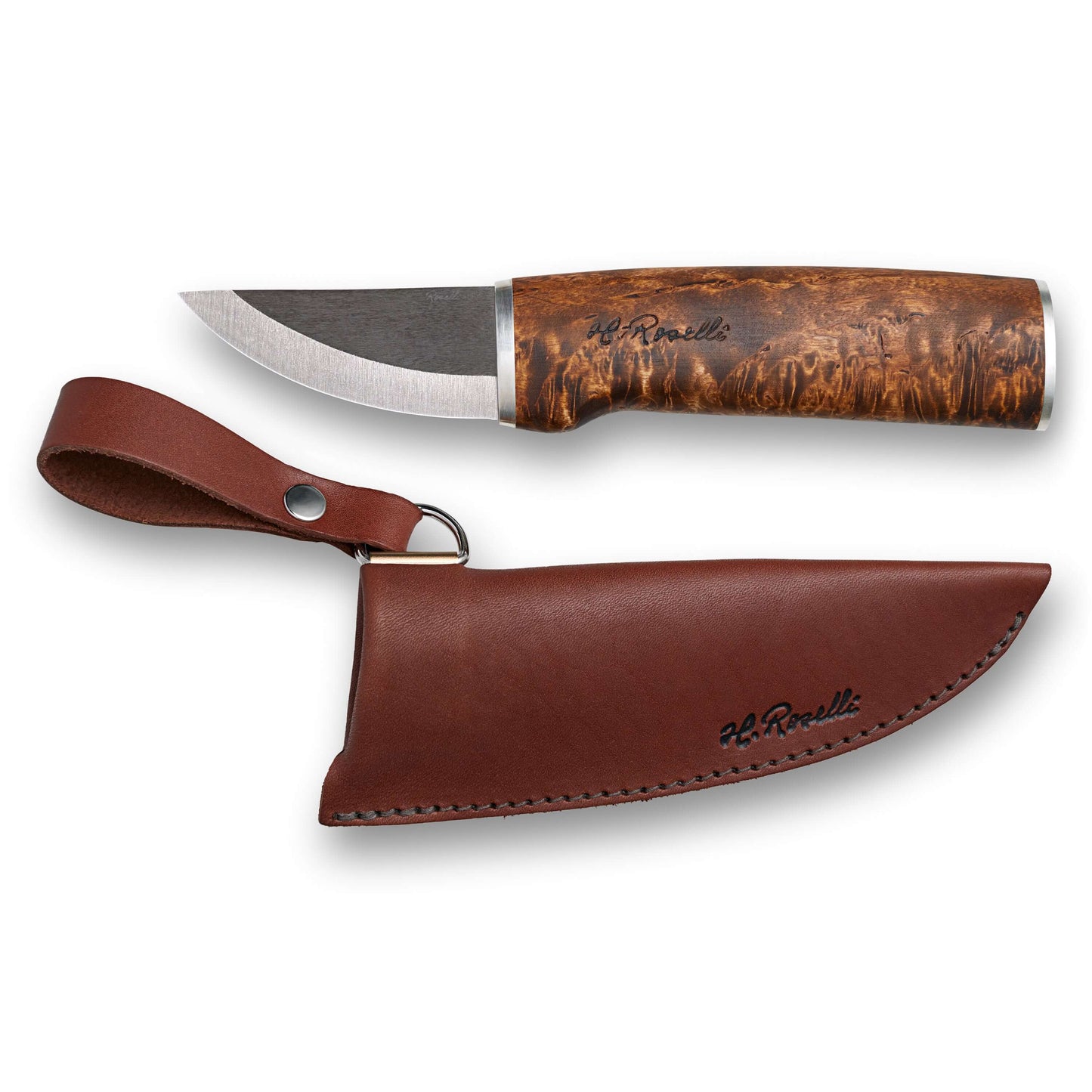 Roselli Grandfather in UHC With Silver Mounts RW220S knife and leather sheath on a white background.