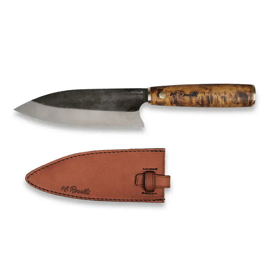 Roselli RW760D The Santoku Knife UHC Steel with leather sheath, inspired by Japanese cooking traditions.