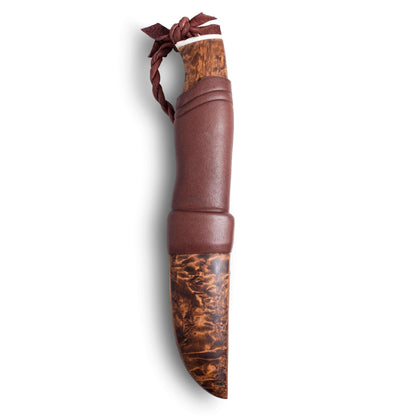 Roselli Hunter Nalle RW200A made in Finland, hunting knife with curly birch handle and leather sheath.