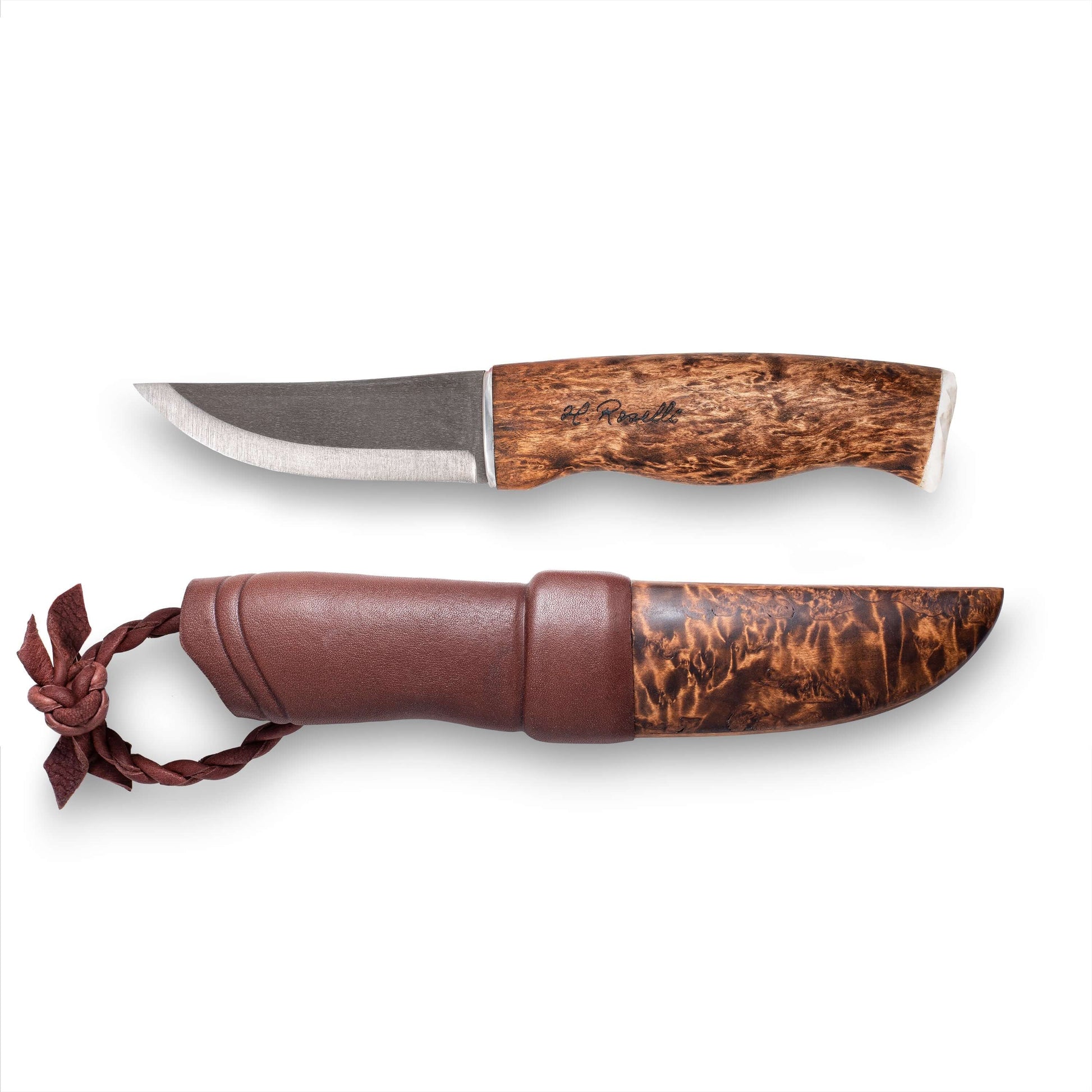 Roselli Hunter Nalle RW200A made in Finland - exclusive hunting knife with curly birch handle and leather sheath